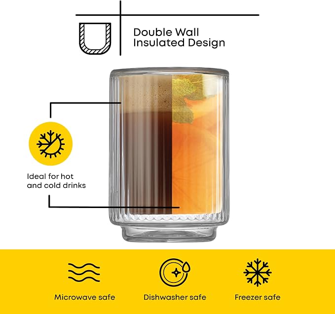 JoyJolt Haven Fluted Stackable Espresso Cups Set of 4, 2.5oz Ribbed Double Wall Glasses, Stacking Insulated Coffee Cup Set, Small Glass Coffee Cups for Espresso Machine Accessories