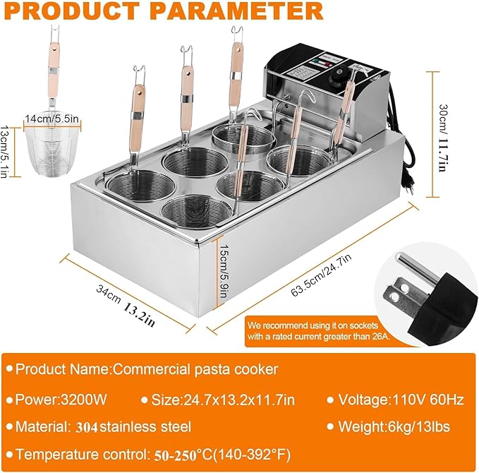 JIAWANSHUN Commercial Pasta Cooker with 6 Noodle Baskets, 50-250℃ Temperature Adjustable, 110V Electric Noodles Cooking Machine for Restaurant, Stainless Steel Dumpling & Ramen Cooker