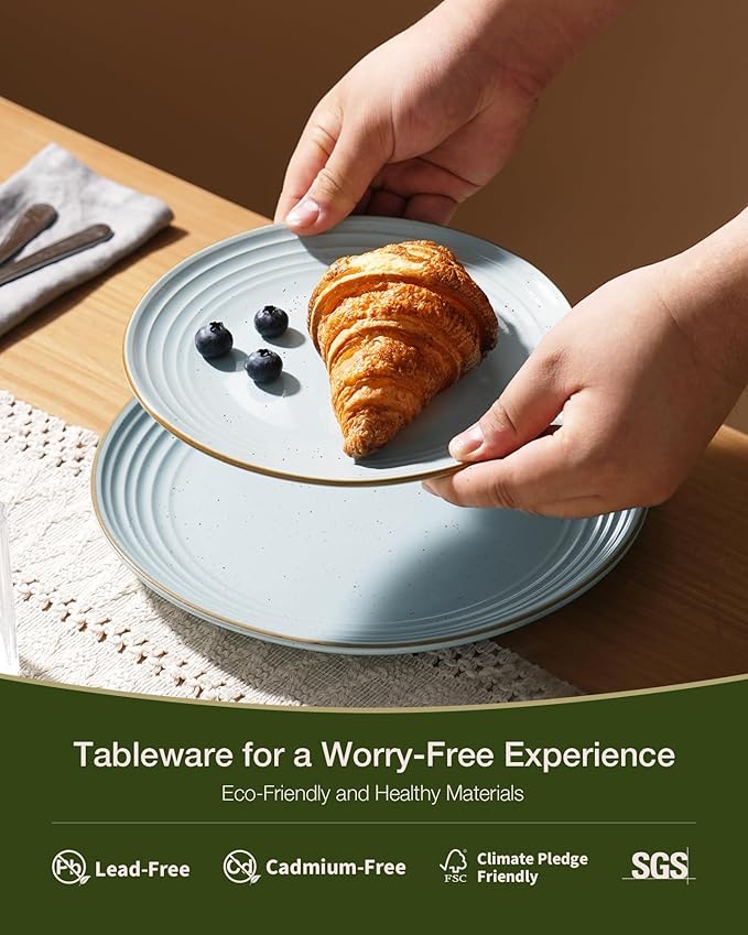 Famiware Jupiter 12-Piece Stoneware Dinnerware Set, Handcrafted Plates and Bowls with Speckles & Embossed Swirls, Chip/Scratch Resistant, Microwave/Dishwasher Safe, Modern Dishes, Service for 4, Blue