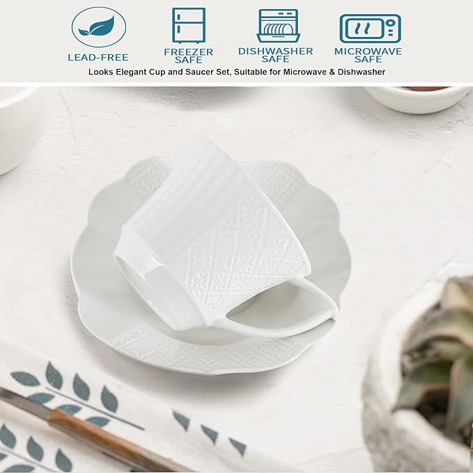 12 Pieces 6 oz Tea Cup and Saucer Set, Cappuccino Latte Americano Coffee Cup with Saucer Set of 6, Espresso Double Shot Cup, New Bone Porcelain Embossment Tea Cups, for Cafe Kitchen, Gift Idea, White