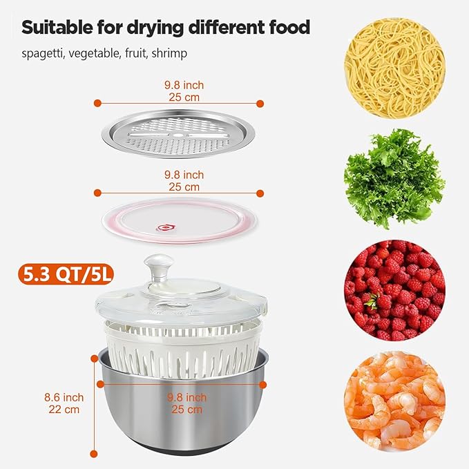 Stainless Steel Salad Spinner Large 5.29QT Spin Dry Salad Greens Fruit Washing Bowl with Strainer Vegetable Cleaner washer Lettuce Spinner with slicer and julienne cutter (TGJ-01-white2)