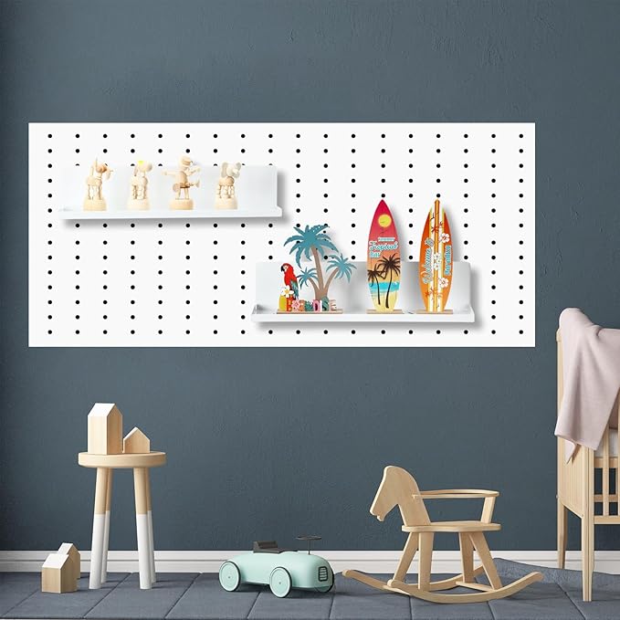 Therwen 4 Pack Magnetic Pegboard Shelves Wall Organizer Metal Pegboard Shelf Steel Tray Accessories Organizing Tools for Craft Home Kitchen (16 x 4.7 x 3.5 Inches,White)