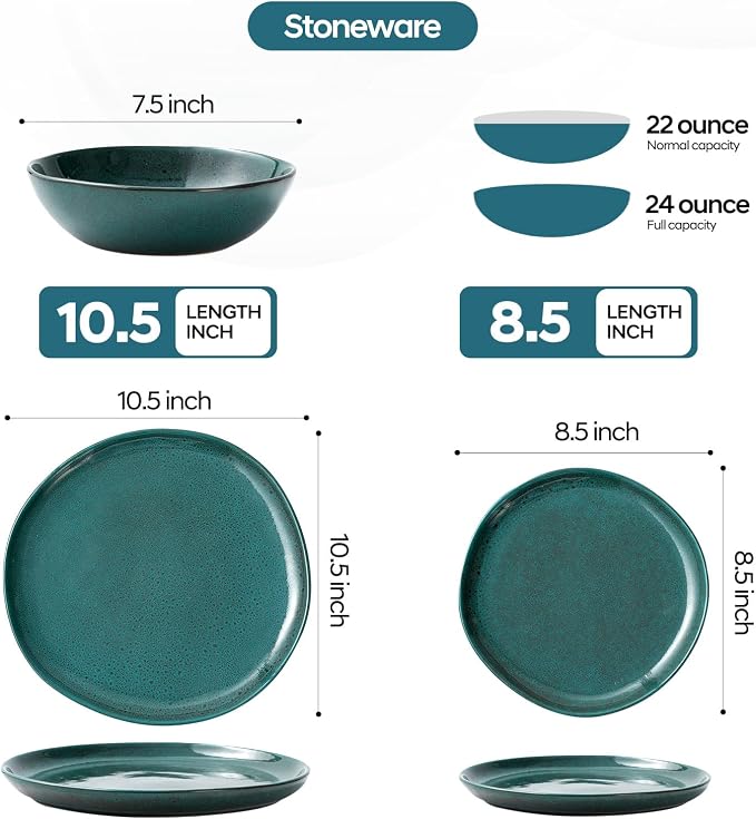 Bestone 12 Pieces Round Kitchen Dinnerware Sets，Plates and Bowls Sets,Dishes, Plates, Bowls, Dish Set, Chip Resistant Ceramic Dinnerware Set, Dishwasher/Microwave Safe,Service for 4,Ceylon Green
