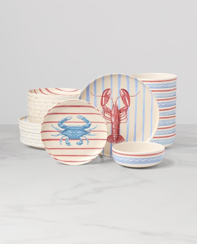 Oneida Dinnerware Sets, 24 Seven Melamine Wharfside 24-Piece Dinnerware Set, Set for 8, Service For 8, Melamine Material, Dishwasher Safe, Plates And Bowls, Dinner Dishes, Kitchen (Assorted, 24 Piece)