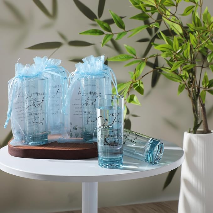 Sliner 24 Set Wedding Favors for Guests Bulk 2oz Acrylic Take a Shot We Tied the Knot Shot Glasses with Thank You Cards Organza Bags for Guest Souvenir Wedding Bridal Shower Gifts (Blue,Black)