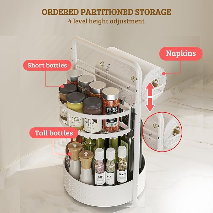 Rotating Spice Rack with Paper Towel Holder, White | 2 Tier Turntable Lazy Susan, Durable Iron, Seasoning Organizer, For Kitchen Countertop