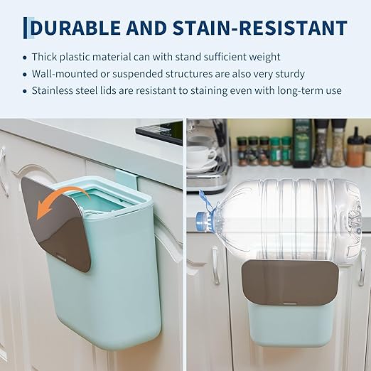 Hanging Kitchen Trash Can with Lid - 2.4 Gallon Small Compost Bin for Cabinet Door, Under Sink - Odor-Sealing Stainless Steel Top Food Waste Bin for RV, Bathroom, Office - Indoor Recycling Bin