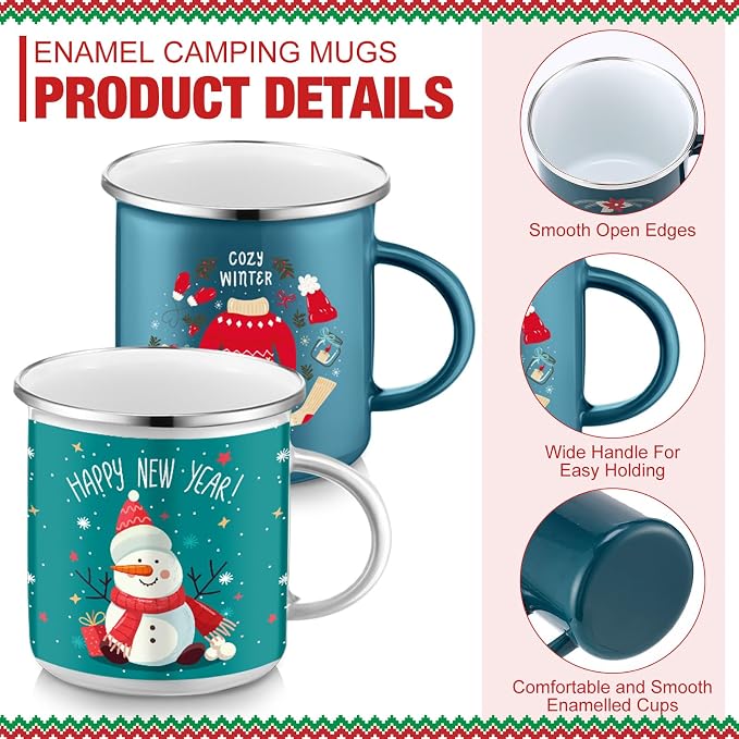 Sliner 12 Pcs Christmas Enamel Mugs, 12 oz Coffee Mugs Bulk Hot Chocolate Mug Set Cute Enamel Tea Cups Winter Holiday Christmas Employee Gift for Family Coworkers (Festive Celebration)