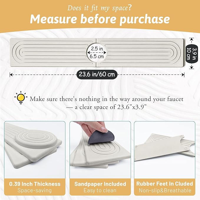 Quick Dry Stone Sink Splash Guard, 23.6" Extended Diatomaceous Earth Sink Absorbent Faucet Mat, Instant Drying Stone Tray for Kitchen & Bathroom Countertops, Aesthetic Home Decor Gift Women, Ash Grey