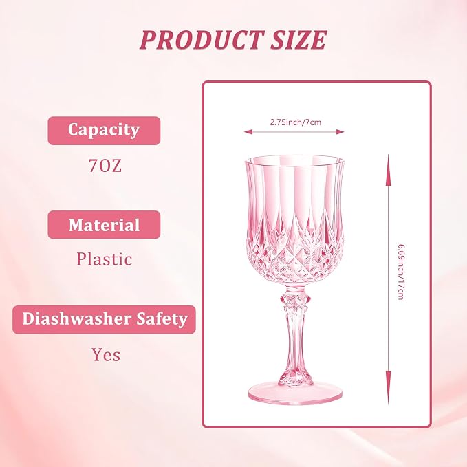 7OZ Plastic Wine Glasses, Reusable Vintage Goblets Unbreakable Drinking Glasses Crystal Water Cups Champagne for Wedding, Parties (100, Pink)