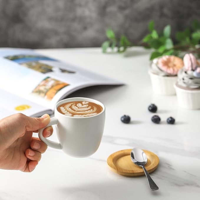HASENSE 6 Ounce Ceramic Cappuccino Cups with Saucers for Espresso,Double Shot, Latte, Cafe Mocha, Stackable Coffee Cups Espresso Cups with Handle for Cafes, Home, Office, White