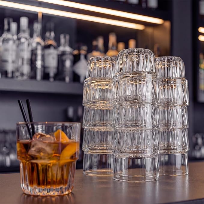 24-Pack 9oz Old Fashioned Glass, Bulk Heavy Base Rock Glasses, Stackable Whiskey Tumbler for Bar Espresso Tasting, Drinking Glasses for Bourbon,Juice,Water,Cortado