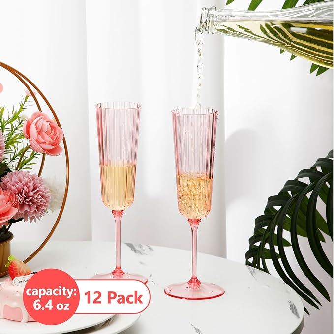 Jingmore 12 Pcs Plastic Ribbed Champagne Flutes With Stem, 6.4 oz Clear Vintage Disposable Champagne Glasses for Wedding Birthday Anniversary (Pink)