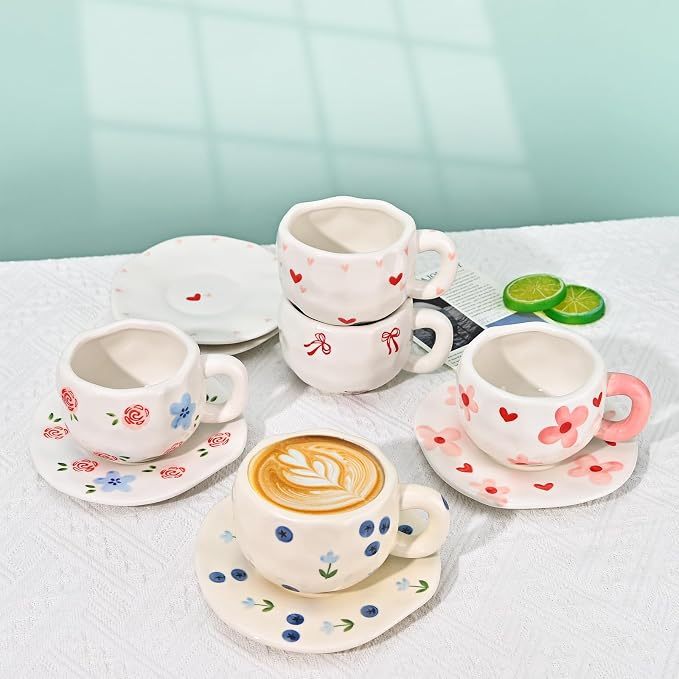 Koythin Ceramic Coffee Mug with Saucer Set, Cute Creative Pink Flower Cup Unique Irregular Design for Office and Home, 10 oz/300 ml for Latte Tea Milk