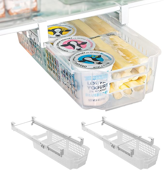 Smart Design Adjustable Pull Out Refrigerator Drawer - Medium, Set of 3 - Extendable Rails and Handle - BPA Free - Holds 15 lbs - Fridge Bin, Freezer, Pantry Food Storage Organizer - Kitchen - Clear