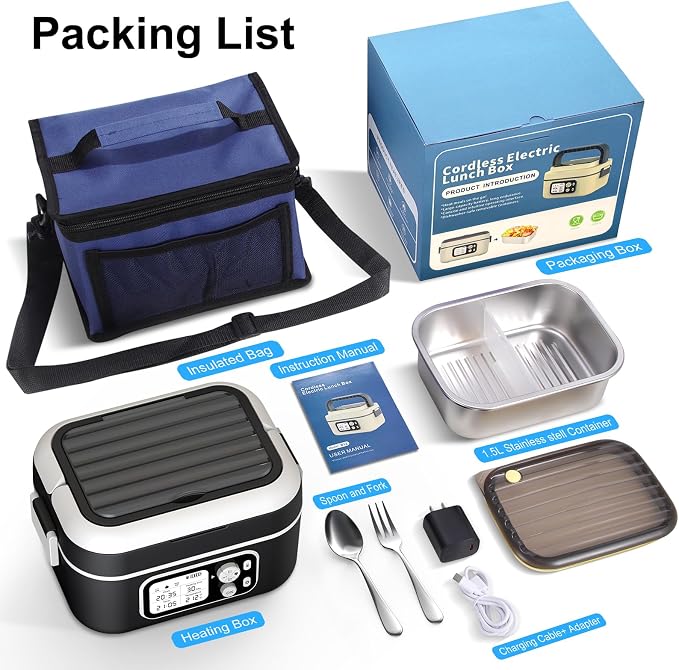Cordless Electric Heated Lunch Box, 1.5L - 6.3 Cups 100W Rechargeable Smart Self-Heating Food Warmer with Removable Divider, Spoon, Fork, BPA Free, Portable Lunchbox for Car Travel Office Black