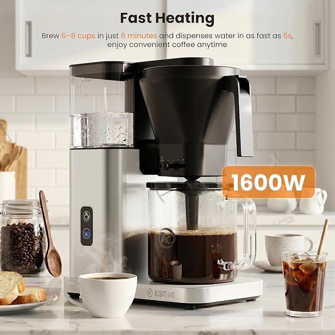 Kismile 8-Cup Coffee Maker, SCA Certified Hot & Cold Brew Coffee Machine, 6-Min Quick Brew, Magnetic Anti-Drip, Adjustable Flow Control, Keep Warm, Dishwasher Safe, DIY Manual Mode, Silver