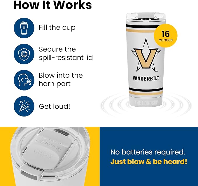 The LoudCup Blow Horn Tumbler, Cheer & Sip 2-in-1 Reusable Water Bottle with Built-In Horn for Sports Games, Tailgates, Parties & Events, BPA-Free, 16 oz, Vanderbilt University