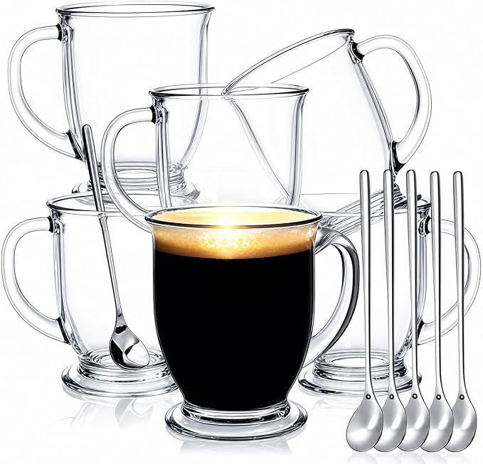 6 Pack Glass Coffee Mugs with 6 Spoons, 15 OZ Clear Drinking Glasses with Handle, Large Espresso Cup, Hot Cold Beverage Glassware Set for Water, Tea, Cappuccino, Latte, Juice, Cocoa, Milk