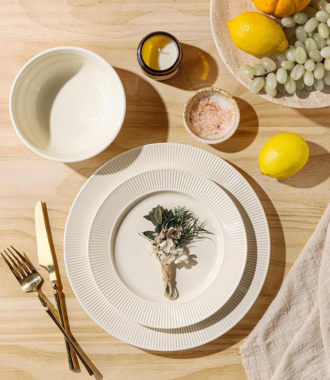 TheTerra Stoneware Dinnerware Sets for 6, 18 Pieces Ceramic Plates and Bowls Sets, Scratch Resistant Embossed Dish Set, Oven, Microwave & Dishwasher Safe, Ivory