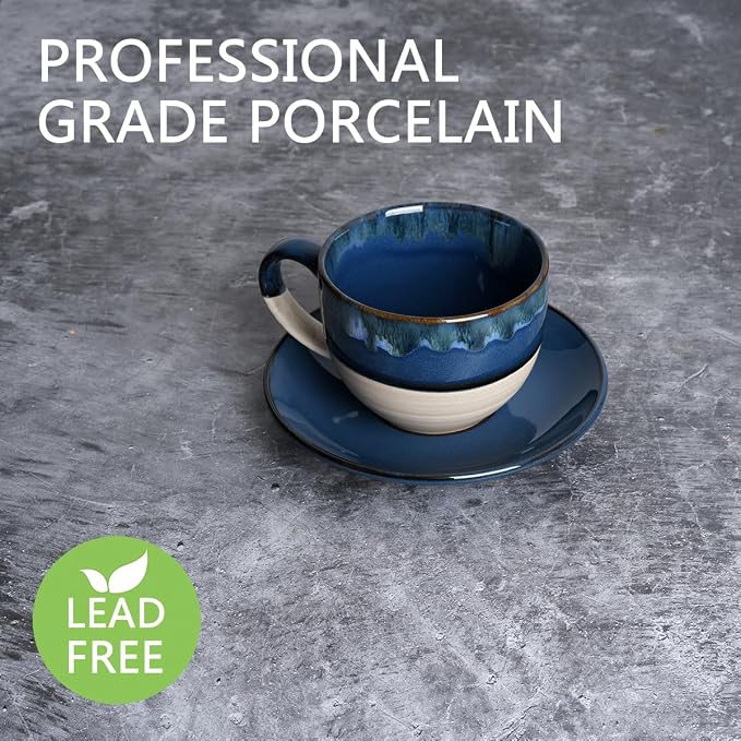 Bosmarlin Ceramic Cappuccino Cup and Saucer Set of 2, 10 Oz, Coffee Cups for Latte, Espresso, Tea, Dishwasher and Microwave Safe, Reavtive Glaze (Deep Blue)