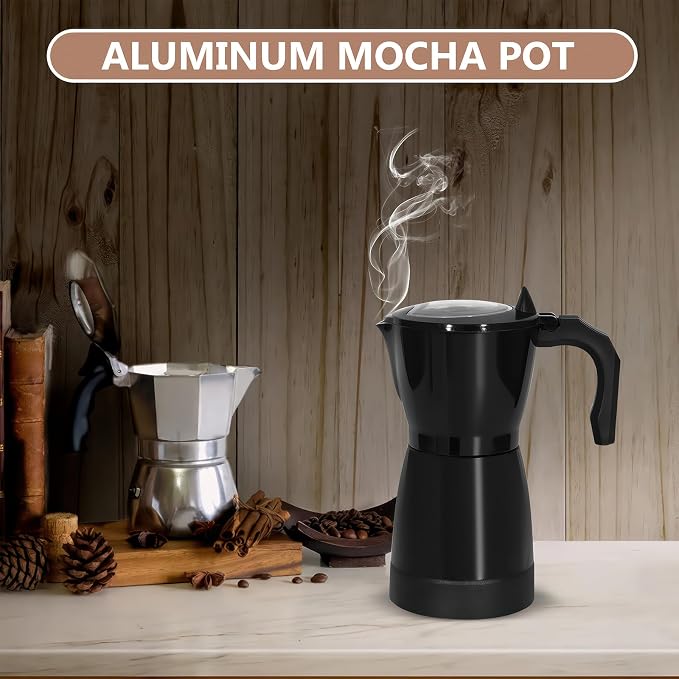 Coffee Pot Electric Espresso Coffe Maker, 300ml 6 Cups Aluminum Moka Pot with Overheat Protection and Detachable Base, Portable Italian Moka Maker, 450W, Black