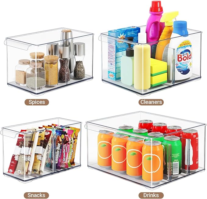 Clear Plastic Storage Bins with Dividers for Fridge Pantry Organizers and Storage Containers, 6 Pack Large Acrylic Stackable Sturdy Storage Boxes for Home Edit and Cabinet Organizers C6-4