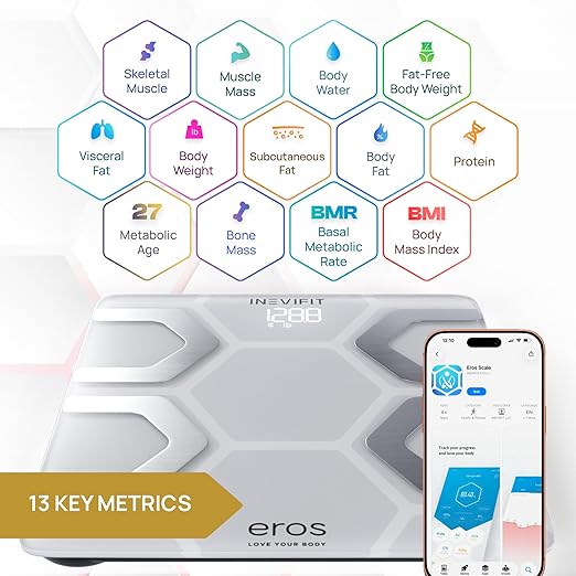 INEVIFIT EROS Bluetooth Body Fat Scale Smart BMI Highly Accurate Digital Bathroom Body Composition Analyzer with Wireless Smartphone APP 400 lbs 11.8 x 11.8 inch (White)
