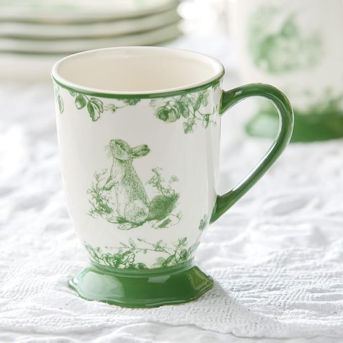 Le Jardin 6oz MUGS SET OF 4 – Green Bunny Stoneware Cups for Coffee, Tea & Cocoa – Charming Drinkware for Spring Brunch or Morning Routines