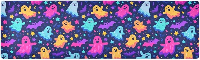 2 in 1 Table Runner Trivet for Hot Pots and Pans Heat Resistant Non Slip Waterproof 39 x 12 Inch Decorative Table Protector for Kitchen Countertop Neon Halloween Ghosts Stars Bats