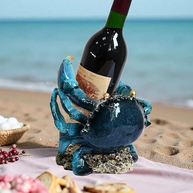 Modern Crab Wine Bottle Holder Countertop Coastal Beach Themed Home Decor Nautical Rack for Kitchen Living Room Bedroom Office Decorations - Gift for Ocean Lovers