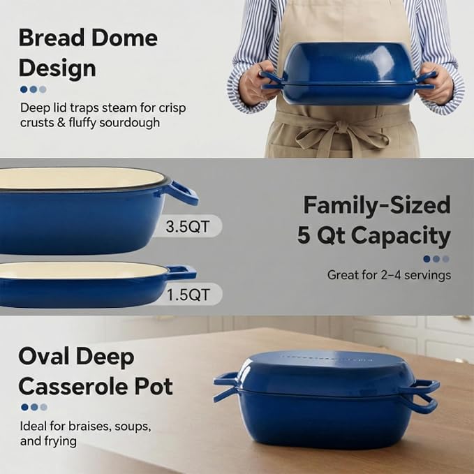 Northriver Casting Enameled Cast Iron Oval Dutch Oven for Bread Baking，12"x8" Bread Pot with Lid，Ideal for Sourdough, Artisan Loaves & Family Meals，5 Qt