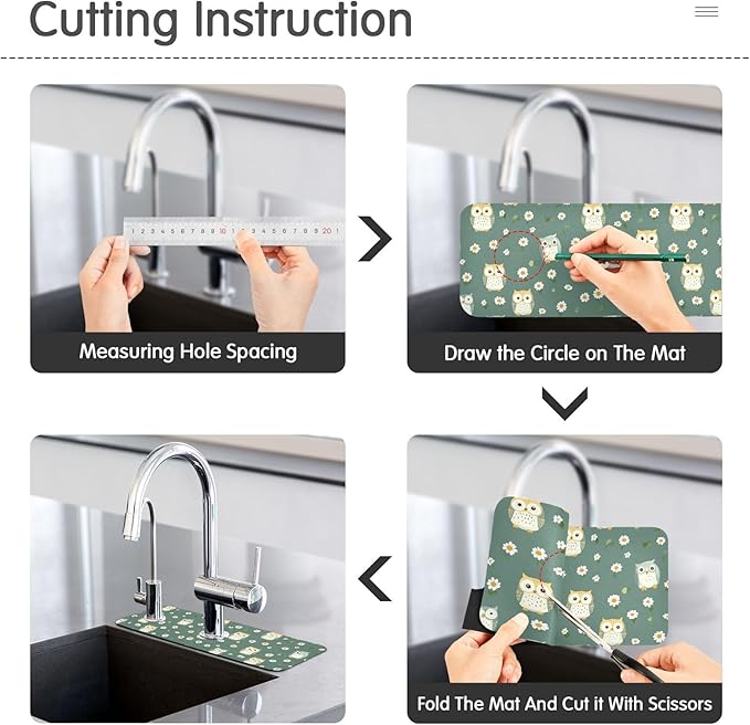 Kitchen Sink Splash Guard 1 PC 14.7 Inch Sink Faucet Mat Splash Guard for Bathroom Countertop Water Absorbent Foldable Cuttable Soft Washable White Daisy Flower Owls
