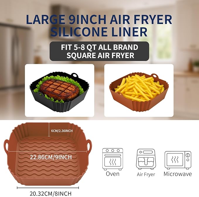 Boribim 9 Inch Large Air Fryer Silicone Liners - 2 PCS Square Reusable AirFryer Basket Liners for 5-8QT Air fryer, Air fryer Accessories for Baking Roasting Microwave (Black + Brown)