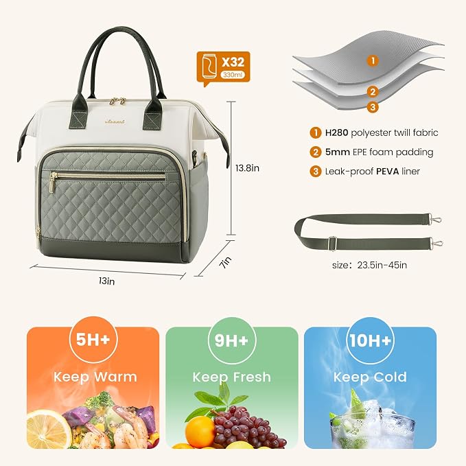 LOVEVOOK Lunch Bag Women, Insulated Adult Lunch Box for Women Work, Wide Opening Leakproof Cooler Tote Bag for Office Campus Picnic Beach with Shoulder Strap, Loncheras Para Mujer with Cup Holder