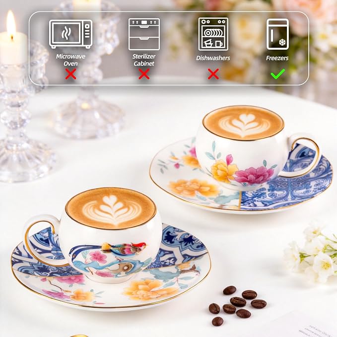 KAMMAK Tea Cups and Saucers Set of 2, Fine Bone China Coffee Cups, Stackable Espresso Mugs, Ceramic Demitasse for Coffee, Cappuccino, Latte, Americano, Tea, Blueprint of Prosperity (Medium)