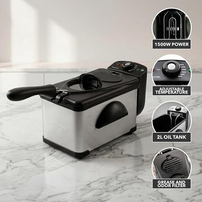 OVENTE Electric Deep Fryer 2 Liter Capacity, 1500 Watt Lid with Viewing Window and Odor Filter, Adjustable Temperature, Removable Frying Basket and Easy to Clean Stainless Steel Body, Silver FDM2201BR