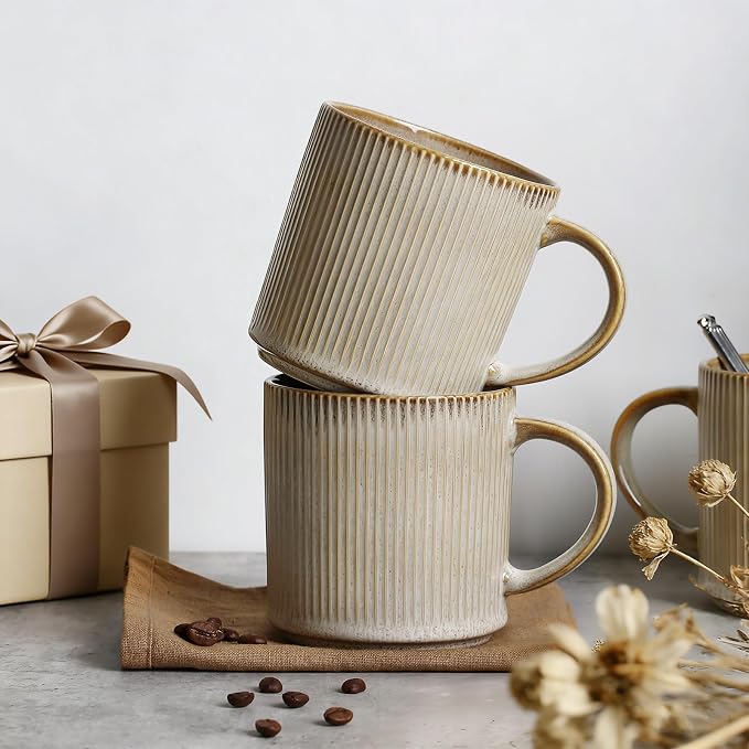 MONITO 16Oz Coffee Mugs Set of 4, Rustic Ceramic Coffee Cups Set with Large Handle, Vintage Striped Stoneware Coffee Mugs for Latte, Cocoa, Tea, Milk, Microwave & Dishwasher Safe, Bonbon Beige