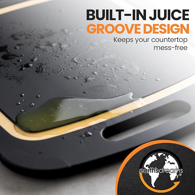 Composite Wood Cutting Board Set of 3 – Built In Juice Groove, Dishwasher Safe, Non-Toxic & Cutting Boards for Kitchen – Large, Medium & Small Non-Slip Wood Charcuterie & Chopping Boards (Black/Tan)