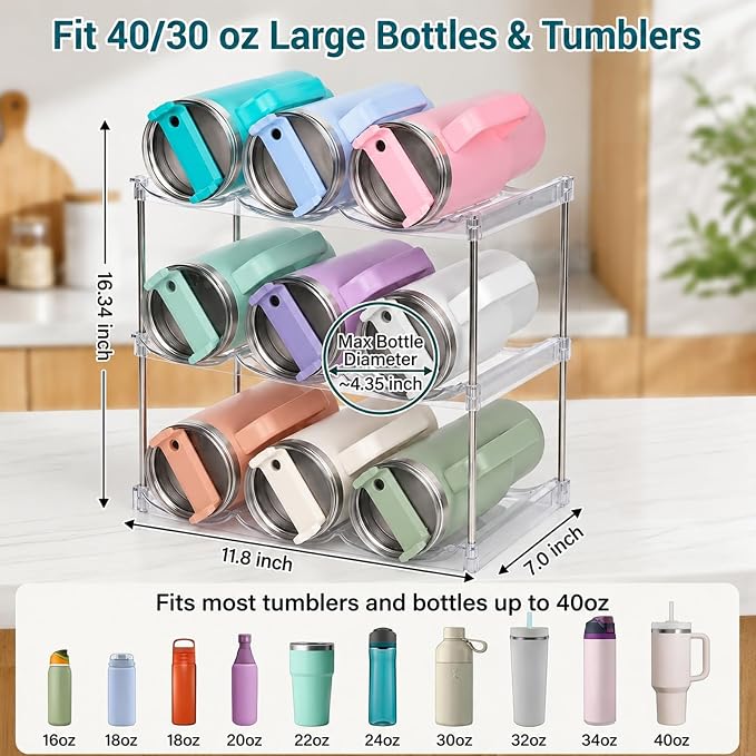 Stackable Water Bottle Organizer for Stanley 40 oz Tumbler, Large Compartment Water Bottle Holder for Cabinet, Clear Tumbler Organizer for Kitchen Countertop Pantry, 2 Pack