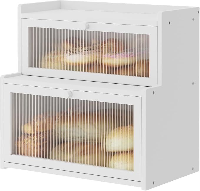 Double Layer Bamboo Bread Box for Kitchen Counter,Bread Holder,Countertop Bread Storage with Window (White)