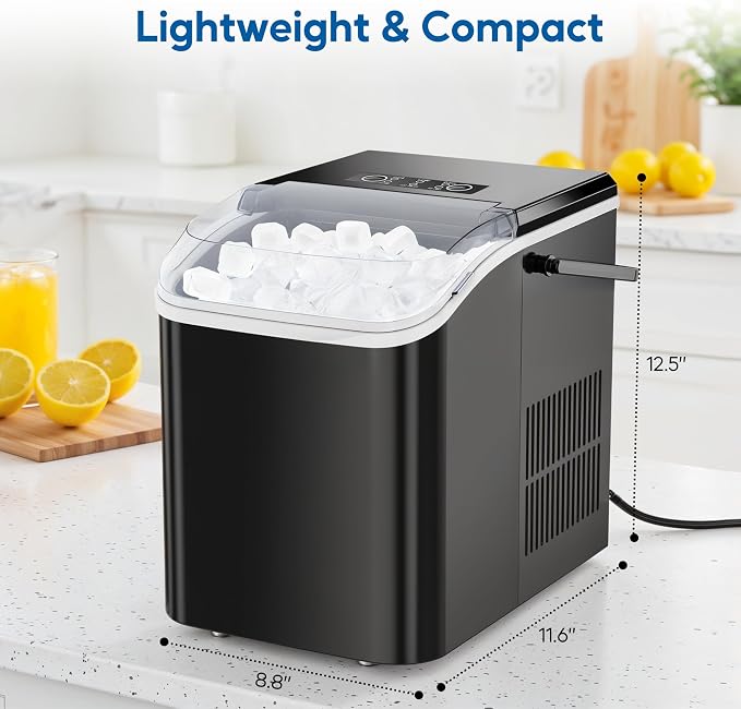 Simple Deluxe Portable Countertop Ice Maker Machine, Makes 9 Bullet Ice Cubes in 6 Minutes, 26.5Lbs Daily Output, Self-Cleaning with Scoop, Basket & Handle for Office, Party & Kitchen, Black