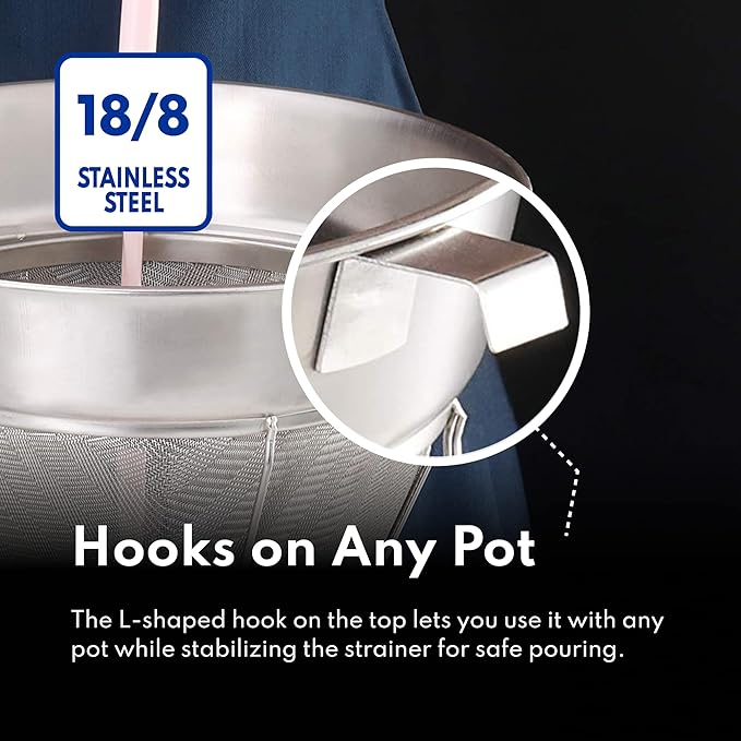 New Star Foodservice Reinforced Bouillon Strainer, 8-Inch, Fine Mesh, 18/8 Stainless Steel, Commercial Kitchen Strainer for Stocks, Sauces, Soups, and Purees