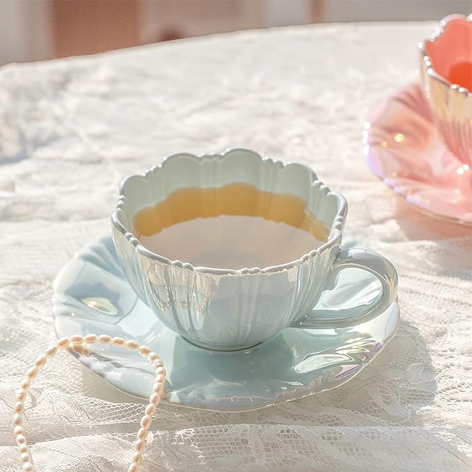 amokk Porcelain Coffee Mugs Flower Shaped Tea Cup and Saucer Set for Housewarming Gift Home Decor (Blue)