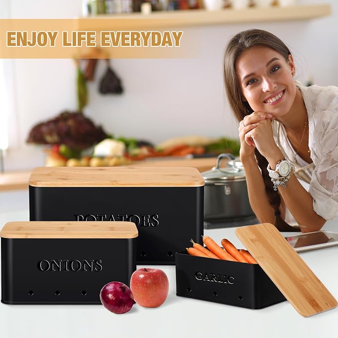 Honeydak 3 PCS Black Potato Onion Garlic Storage Bins Set, Metal Vegetable Keeper Containers with Lids Aerating Holes for Kitchen Counter Pantry Keep Fresh Longer Farmhouse for Sweet-potato Fruit