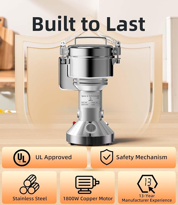 Electric Grain Mill 750g, Flour Grinder Mill Stainless Steel for Home, Counter Grain Grinder for Wheat Berry, Rice, Corn, Herbs, Spices