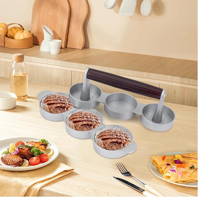 Mini Burger Press Small Meat Patty Maker with 200 Patty Papers Round Shape Press Patty Maker for Mini Hamburger, Barbecue, Picnic, Camping, Three 2.56-inch molds (3 Slots+200 Patty Papers)