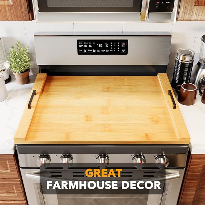 SpaceAid Noodle Board Stove Kitchen Cover with Handles, Top Covers for Gas Burners and Electric Stove, Oven Decor Accessories Wood Tray for Countertop, Natural Bamboo