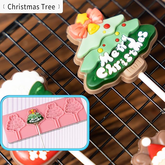 KALAIEN 2 Pack Christmas Lollipop Molds Set, Christmas Silicone Molds Candy Gummy Mold for Chocolate with 100pcs Lollypop Sucker Sticks