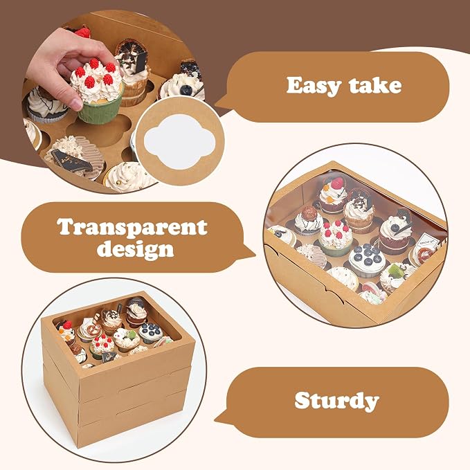 Moretoes 7 Pack Auto-popup Cupcake Boxes Hold 12 Standard Cupcakes, Cupcake Containers with Window and Inserts, Bakery Supplies for Muffins Cookies Treats Dessert (Brown)